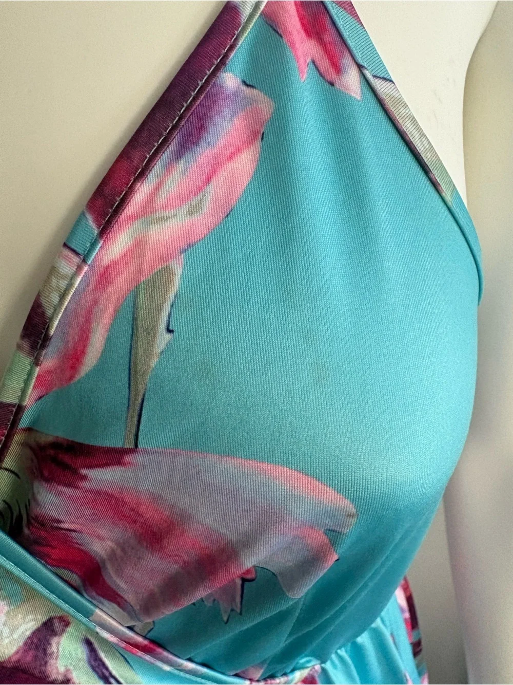Turquoise Floral Maxi Dress with Pink Accent & Pockets - Picture 6 of 8